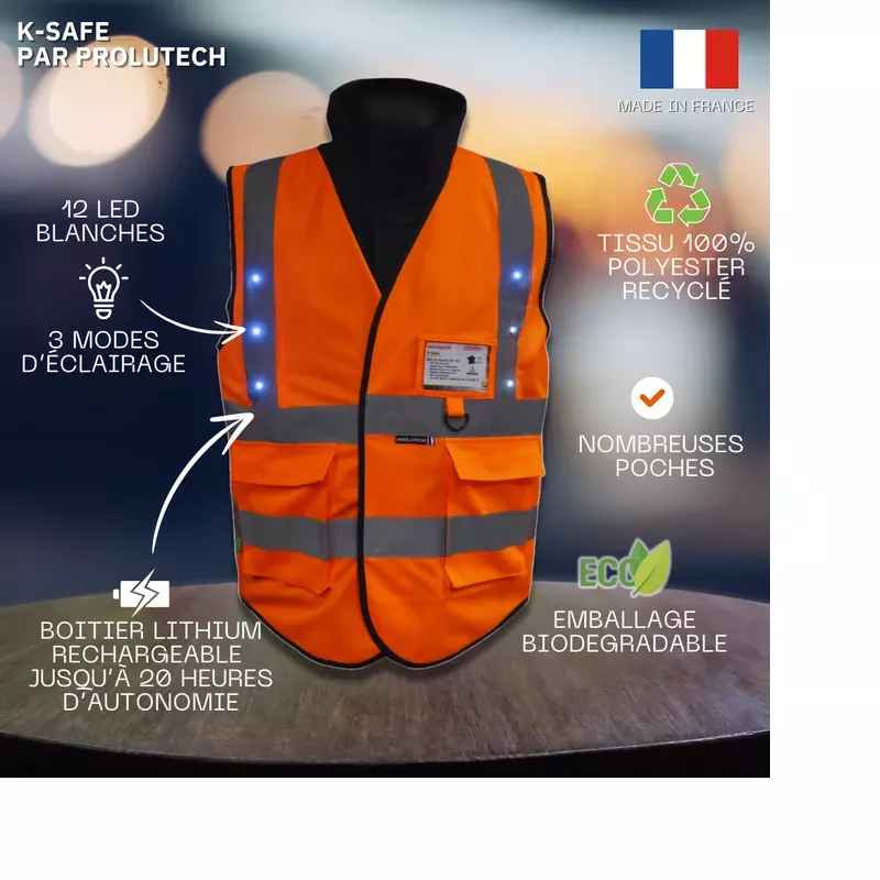 K-Safe Gilet de sécurité 12 LED blanches Prolutech Made in France